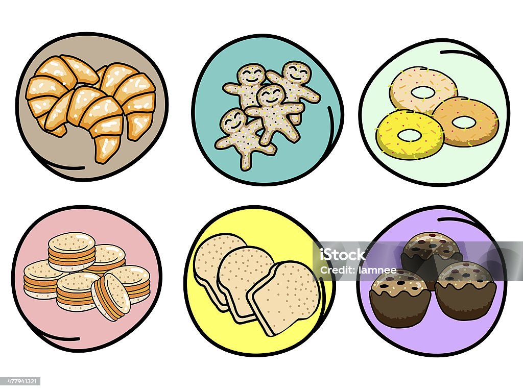 Vector Set di prodotti da forno sempre freschi su sfondo rotondo - Illustrazione stock royalty-free di Muffin - Dolci