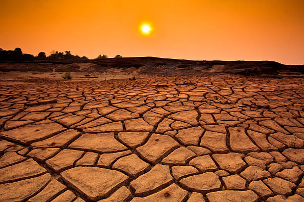 istock Sunset over cracked land and arid terrain 477942045