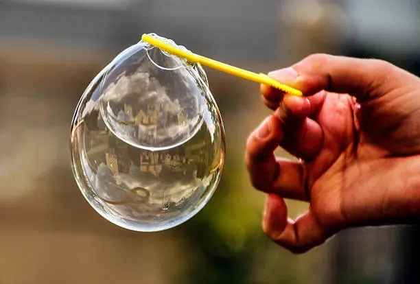 This triple bubble was blown by the Champion Bubble blower in my family.  I love the neighborhood reflected in the bubble.