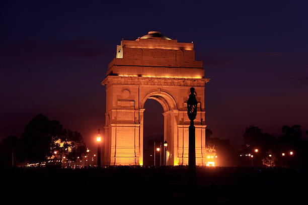 India Gate New Delhi, Illuminated Dusk Scene stock photo