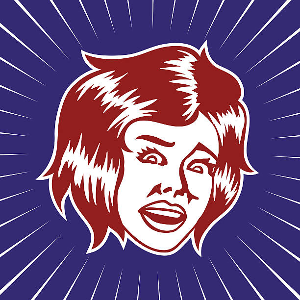 Vintage scared terrified screaming woman face vector Vintage scared terrified woman face looking at something shocking vector illustration clip art of a yuck mouth stock illustrations