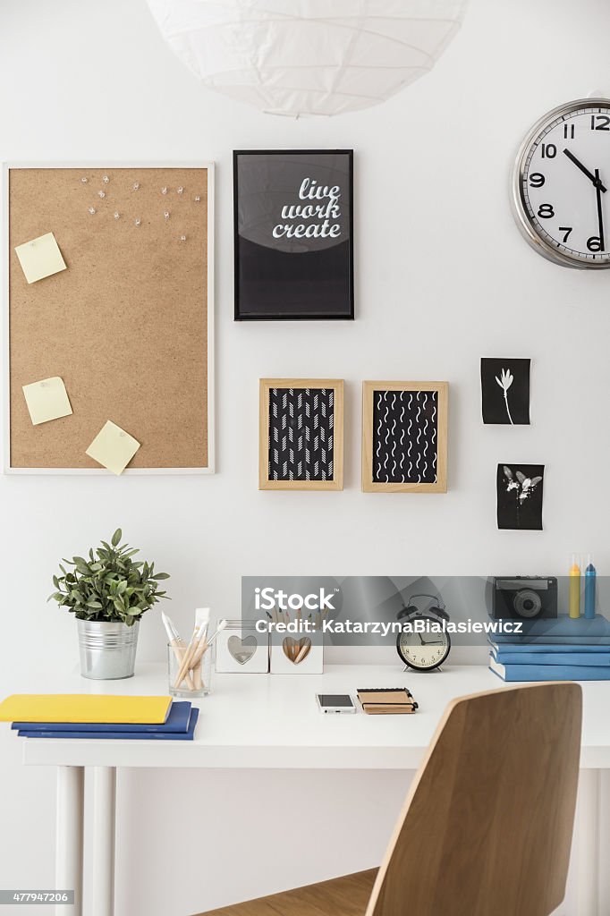 Modern study space Modern tidy study space with white desk Desk Stock Photo