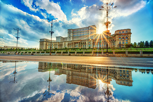 Parliament Palace in Bucharest at sunset, the Largest building in Europe.