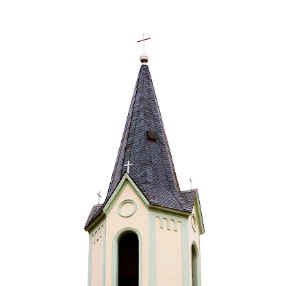 Closeup church tower against white background, full frame square composition with copy space