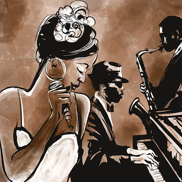 Vector illustration of Jazz band with singer, saxophone and piano - illustration