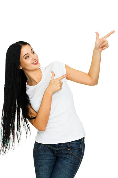 istock Woman pointing up at copy space 477956487