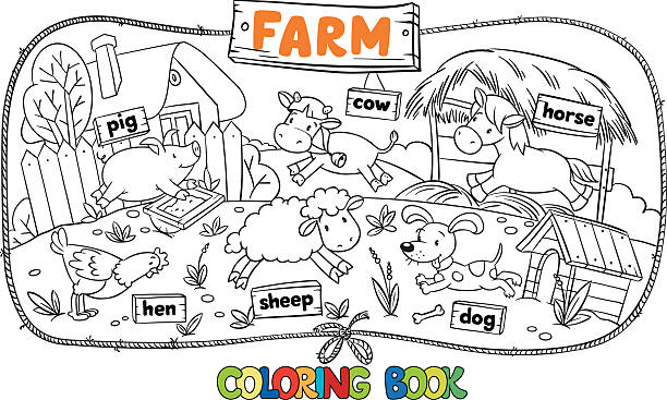 Great coloring book with farm animals Great coloring book with funny farm baby animals, sheep and pig, chicken and dog, horse and cow with a wooden board tables and frame in a shape of the rope farm cartoon animal child stock illustrations