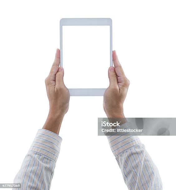 맨 손 쥐다 디지탈 태블릿 흰색 바탕에 흰색 배경 감각 지각에 대한 스톡 사진 및 기타 이미지 - 감각 지각, 공란, 광고