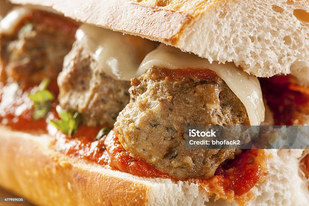 Hot and Homemade Spicy Meatball Sub Sandwich Homemade Spicy Meatball Sub Sandwich with Marinara Sauce and Cheese Submarine Stock Photo