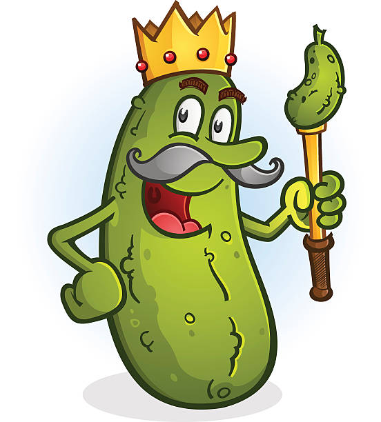 Pickle King Cartoon Character The glorious dill pickled king of the cucumbers with a golden staff and crown cartoon of a dill pickle stock illustrations