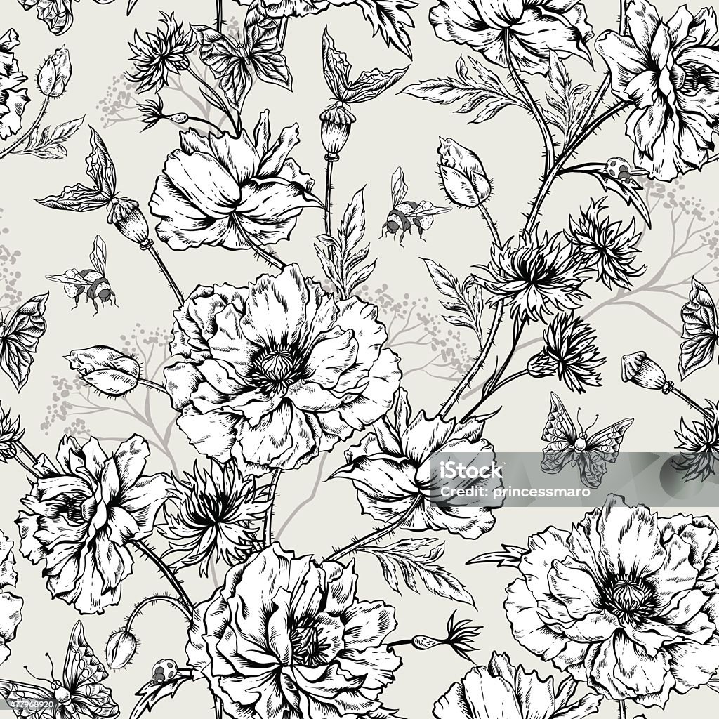 Summer Monochrome Vintage Floral Seamless Pattern with Blooming Poppies Summer Monochrome Vintage Floral Seamless Pattern with Blooming Poppies Cornflowers, Ladybird Bumblebee and Bee and Butterflies. Vector Shabby Illustration 2015 stock vector