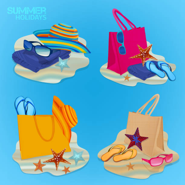 ilustraciones, imágenes clip art, dibujos animados e iconos de stock de juego de playa - swimming trunks bikini swimwear red