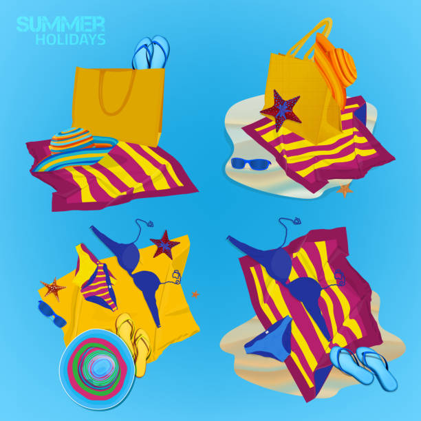 ilustraciones, imágenes clip art, dibujos animados e iconos de stock de bolsa de playa - swimming trunks bikini swimwear red