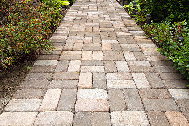 Garden Brick Paver Path Walkway Garden Brick Pavers Path Walkway with Beasket Weave Pattern hardscape photos stock pictures, royalty-free photos & images