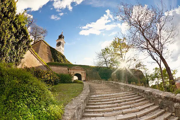 Clock-tower ,fortress of Petrovaradin in Novi Sad ,Vojvodina,fisheye