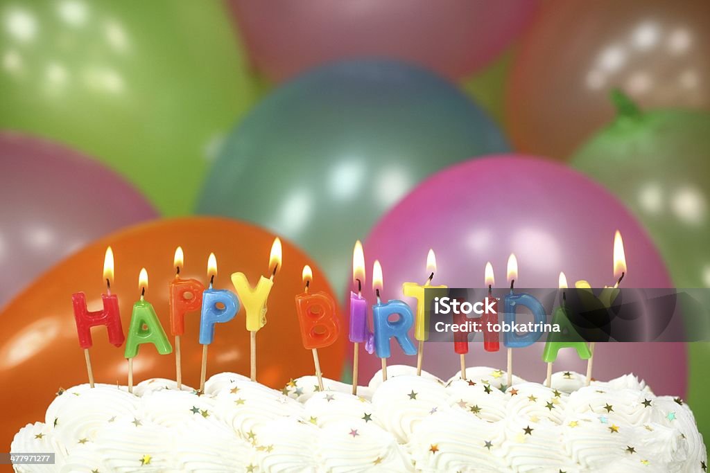Lit Happy Birthday Candles Happy Birthday Celebration with Balloons Candles and Cake Backgrounds Stock Photo
