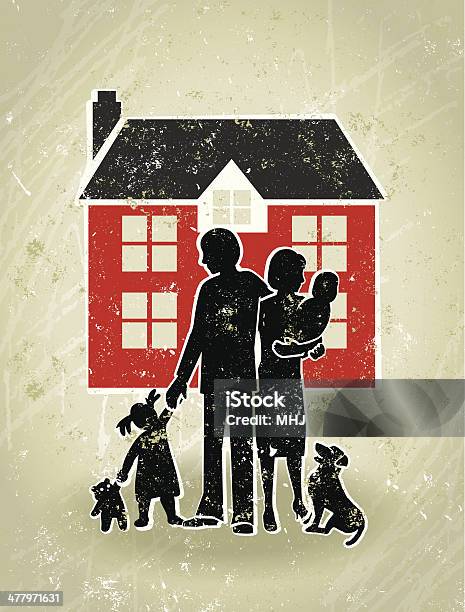 Familie Zu Hause Eltern Und Kinder Stehen Vor Ihrem Haus Stock Vektor Art und mehr Bilder von Familie