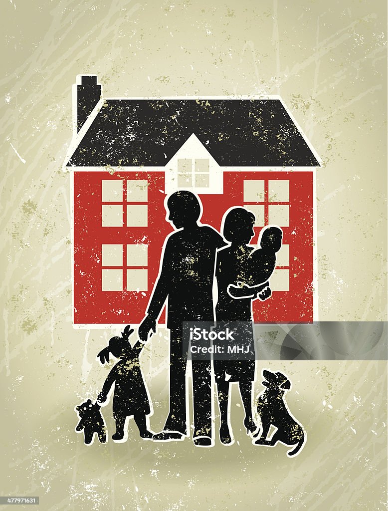 Casa de la familia, con padres, hijos de pie frente de su casa - arte vectorial de Familia libre de derechos