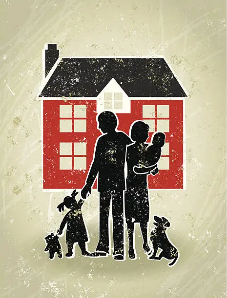 Vector illustration of Family Home, Parents, Children Standing in Front Their House