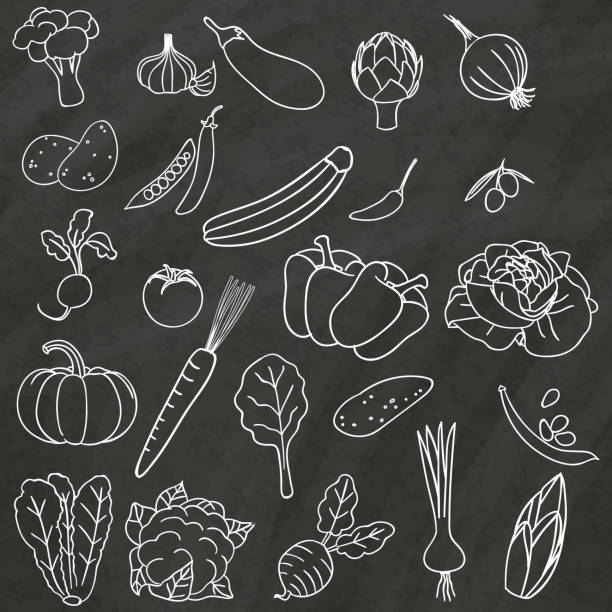illustrations, cliparts, dessins animés et icônes de vetgettable sur tableau noir - fruits et légumes