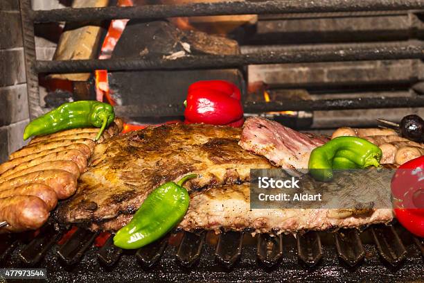 Grilled Lamb Ribs And Spicy Pork Sausage Stock Photo - Download Image Now - 2015, Barbecue - Meal, Barbecue Grill