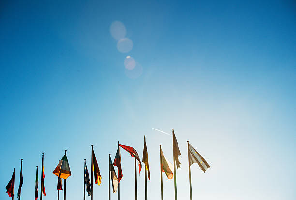 tous les drapeaux de l'ue au ciel clair avec lens flare - european union currency flash photos et images de collection