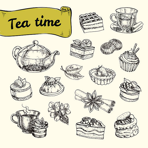 illustrazioni stock, clip art, cartoni animati e icone di tendenza di serie di illustrazioni con tè e una selezione di dessert - tea party illustrations