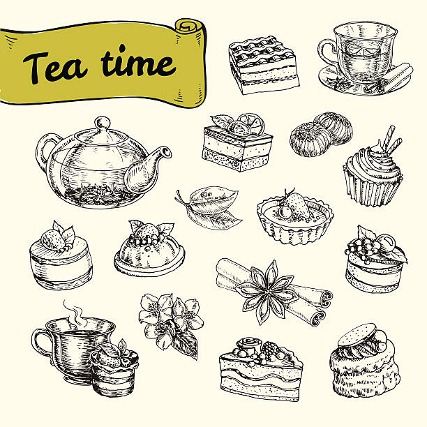 ilustrações, clipart, desenhos animados e ícones de conjunto de ilustrações com chá e uma variedade de sobremesas - tea party illustrations