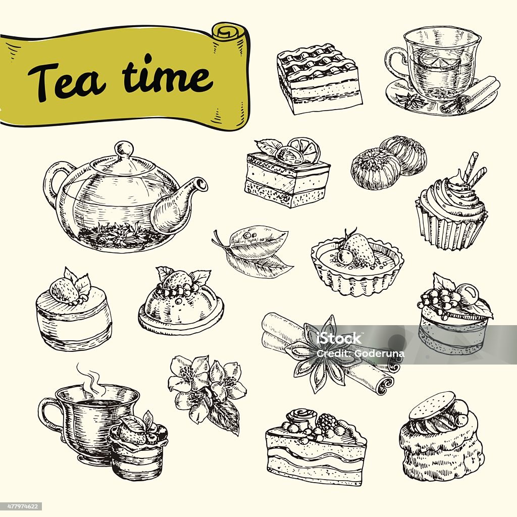 set of illustrations with tea and a variety of desserts set of illustrations with tea and a variety of pastries and desserts with cream, fruit and berries. vector hand drawn illustrationset of illustrations with tea and a variety of pastries and desserts with cream, fruit and berries. vector hand drawn illustration Tea Party stock vector