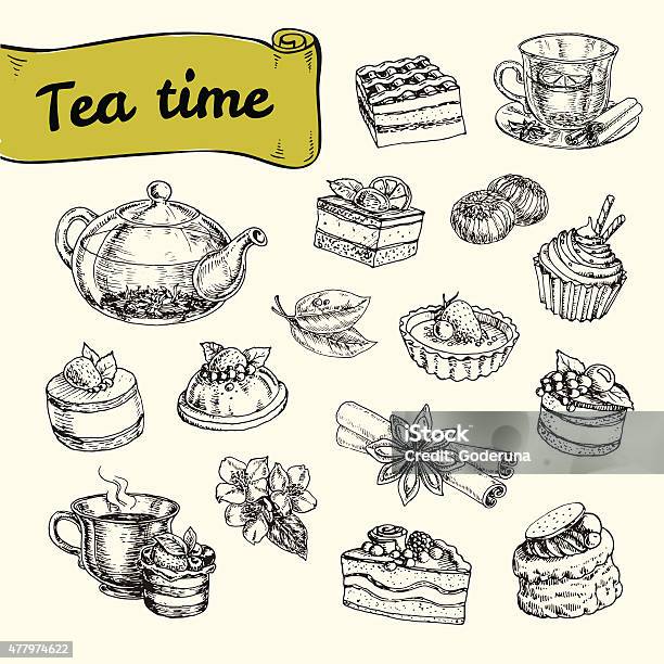 Set Of Illustrations With Tea And A Variety Of Desserts Stock Illustration - Download Image Now