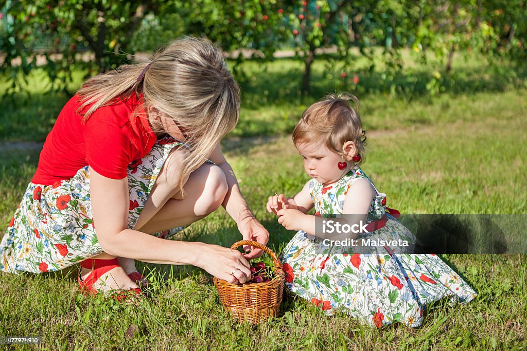 Mother and little daughter in garden Mother and little daughter in garden with basket  cherries. Sunny summer day. 2015 Stock Photo