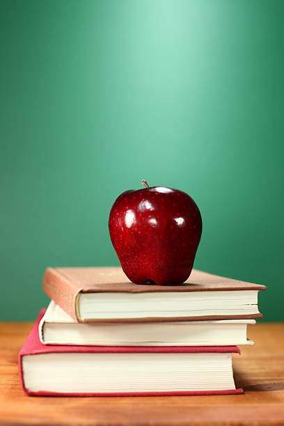 istock Vertical Back to School Books and Apple With Chalkboard 477975929