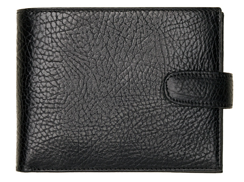 Black natural leather wallet isolated on white background. Expensive man's purse closeup