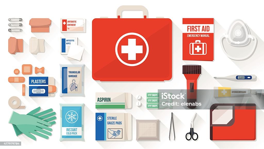 First aid kit First aid kit box with medical equipment and medications for emergency, objects top view Ice Pack stock vector