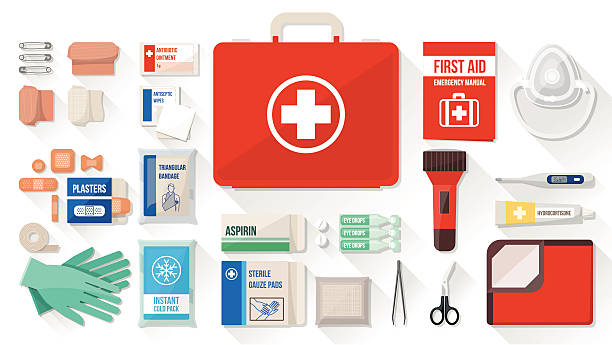 First aid kit First aid kit box with medical equipment and medications for emergency, objects top view medical supplies stock illustrations