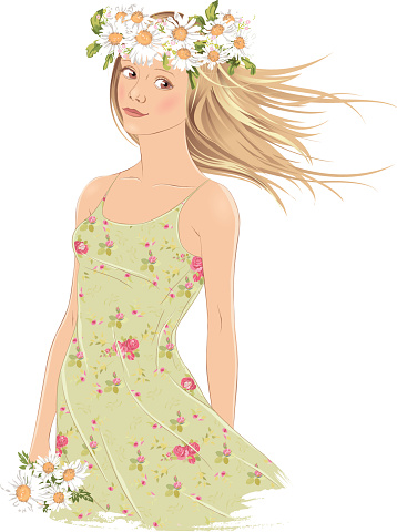 Vector illustration of a cute girl with crown of daisies on white background