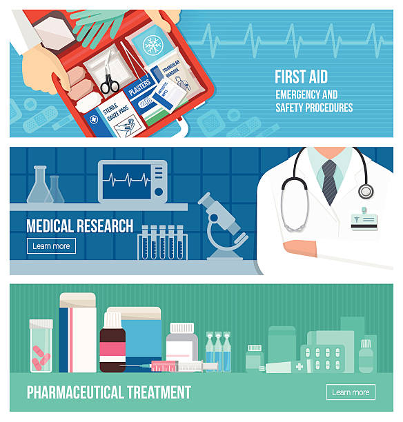 баннер набор медицинских - patient pill medicine and science container stock illustrations