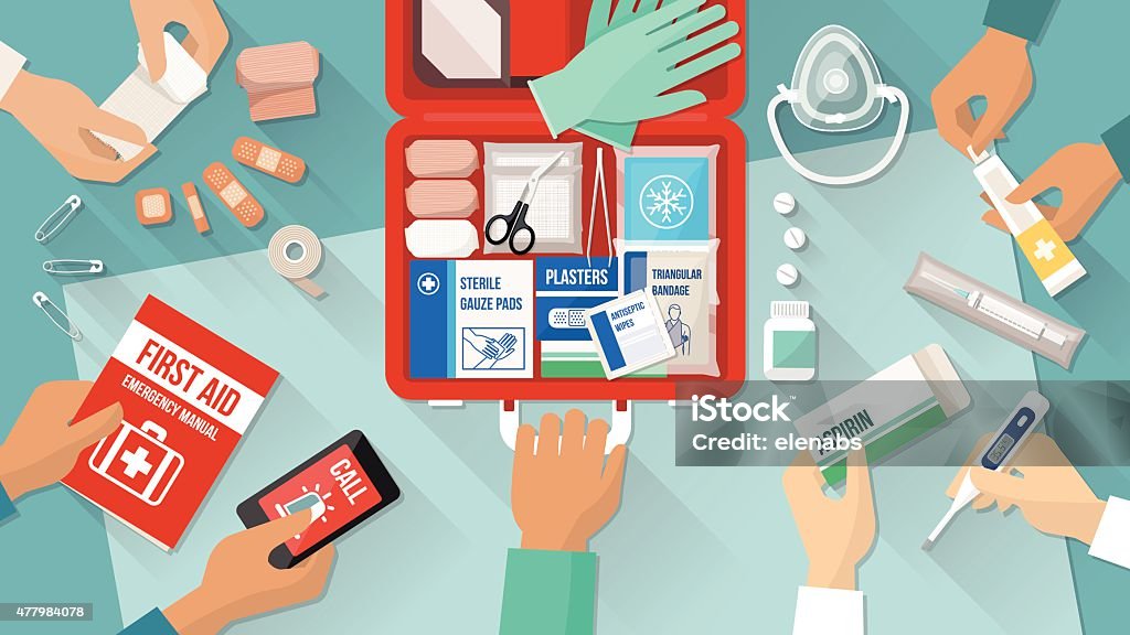 First aid Kit First aid kit with medications and emergency equipment and medical team hands First Aid stock vector