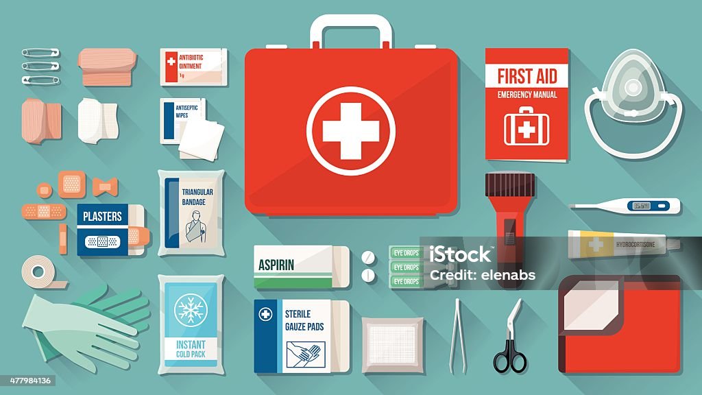 First aid kit First aid kit box with medical equipment and medications for emergency, objects top view First Aid Kit stock vector