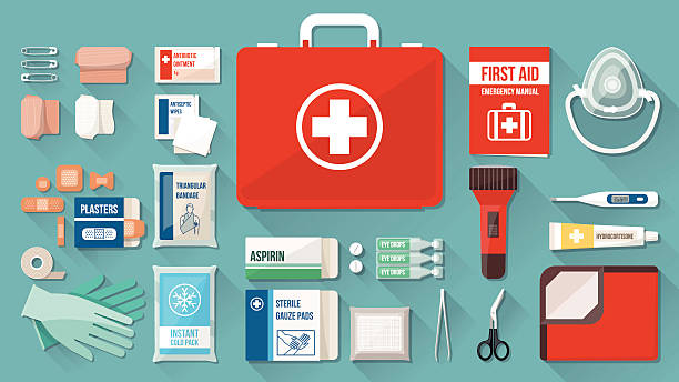 First aid kit First aid kit box with medical equipment and medications for emergency, objects top view antiseptic stock illustrations