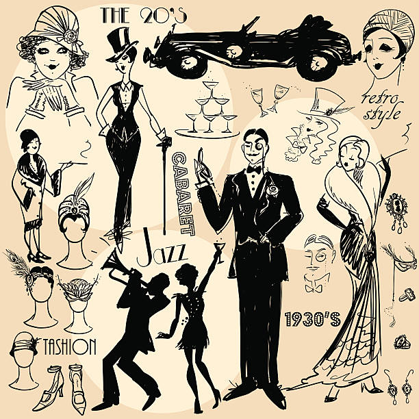 Retro Collection Collection of hand drawn people, sketch style 1920 stock illustrations