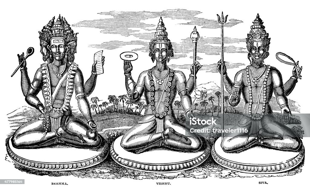 Hindu Gods Brahma Vishnu And Siva Engraving from 1884 featuring the Hindu Gods Brahma, Vishnu, and Siva. Shiva stock illustration