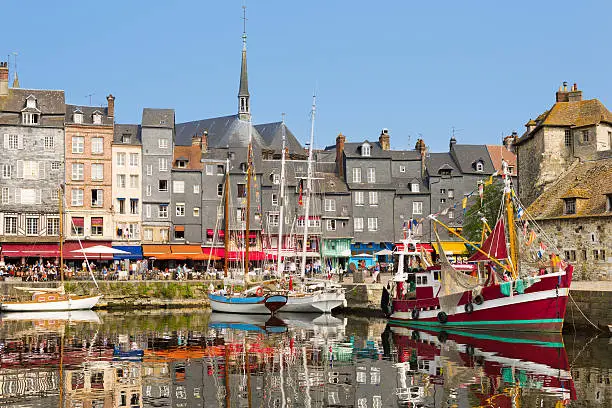 Yachts in the Honfleur harbour in a summer day