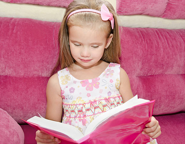istock Little girl reading a book and siting on the sofa 477988833