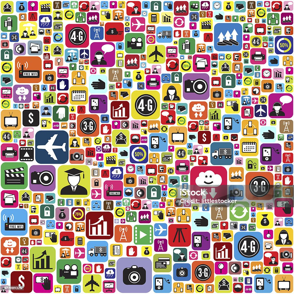 Business related infographics wallpaper background Many colorful business and social media inspired icons.  Colors are red, green, blue, orange, purple and yellow among other.  There are icons of clouds, airplanes, a graduate, cameras, people, printers, envelopes, electronic devices and many others. 3G stock illustration