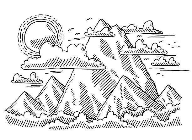Vector illustration of Mountain Range Landscape Drawing
