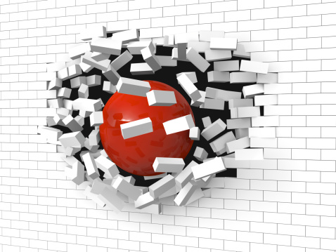 Brick wall destroyed by a red ball 3d render
