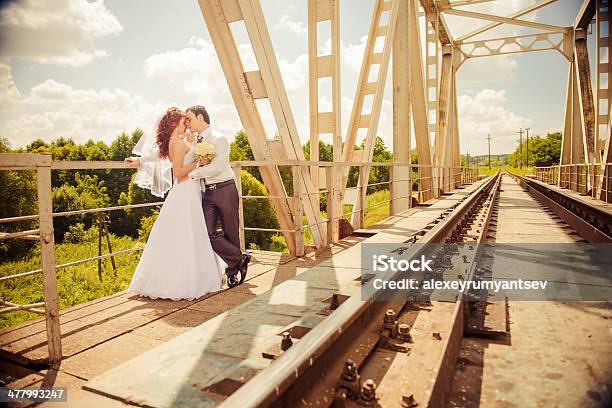 Wedding Couple At Bridge Stock Photo - Download Image Now - Adult, Beautiful People, Beauty