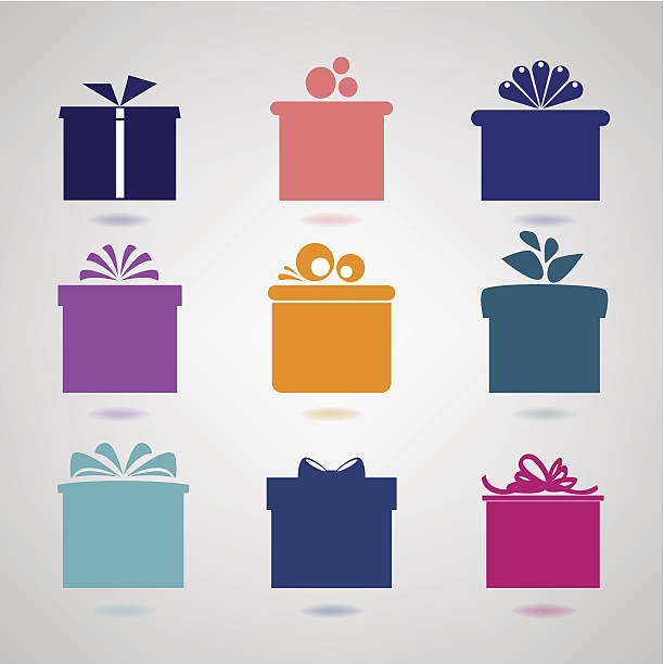 Neun farbigen Ikonen von Geschenk-Boxen auf hellem Hintergrund. – Vektorgrafik