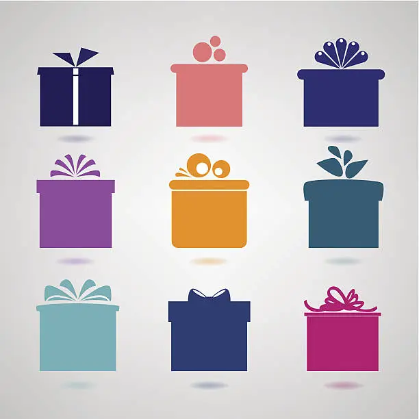 Vector illustration of Nine colorful icons of gift boxes on light background.